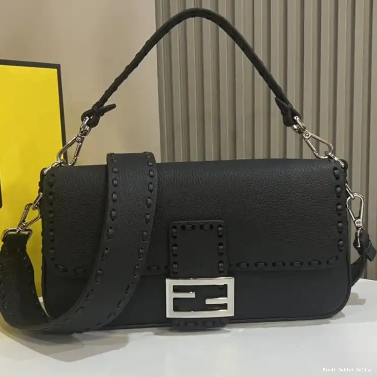 Affordable Bag Romano Fendi Black Baguette Leather Selleria Medium Cuoio In 0628